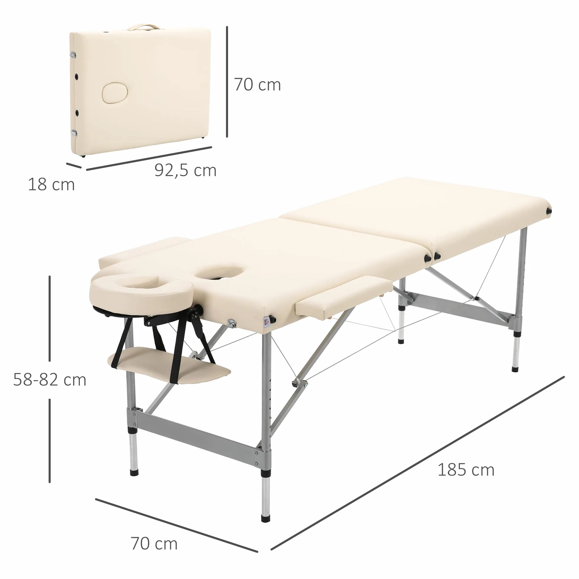 HOMCOM Camilla de Masaje Plegable Portátil con Altura Ajustable 7 Posiciones Marco Aluminio 130 kg 186x71x62-83 cm Beige