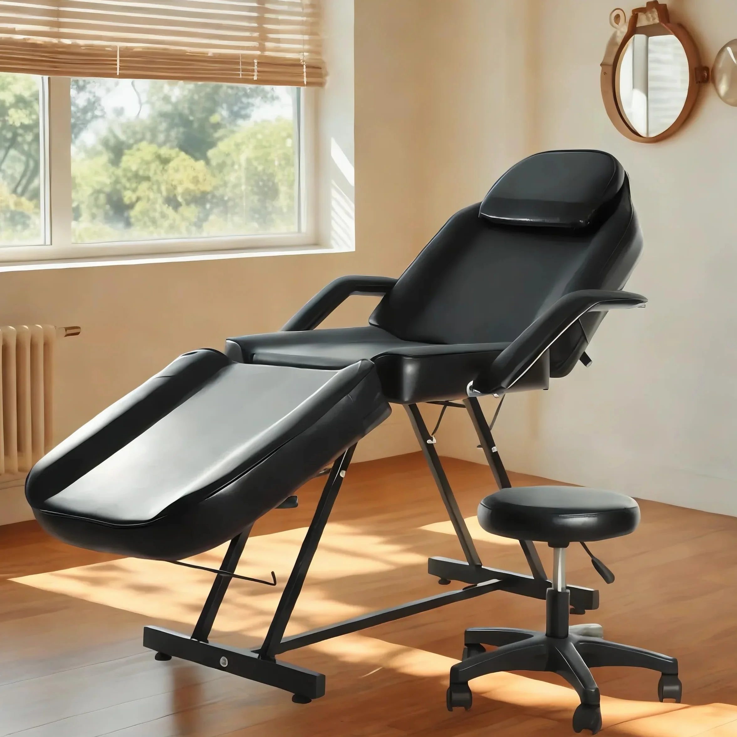 Camilla de Masaje Ajustable Plegable de Cuero PU con Taburete Negro