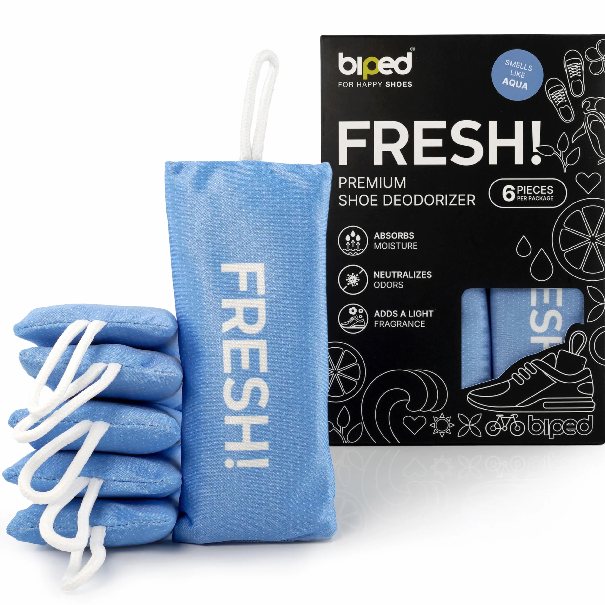 Biped FRESH! Desodorante Premium para Calzado – Cojín Aromático con Carbón de Bambú Activo – Elimina Olores y Sudor – 6 Piezas
