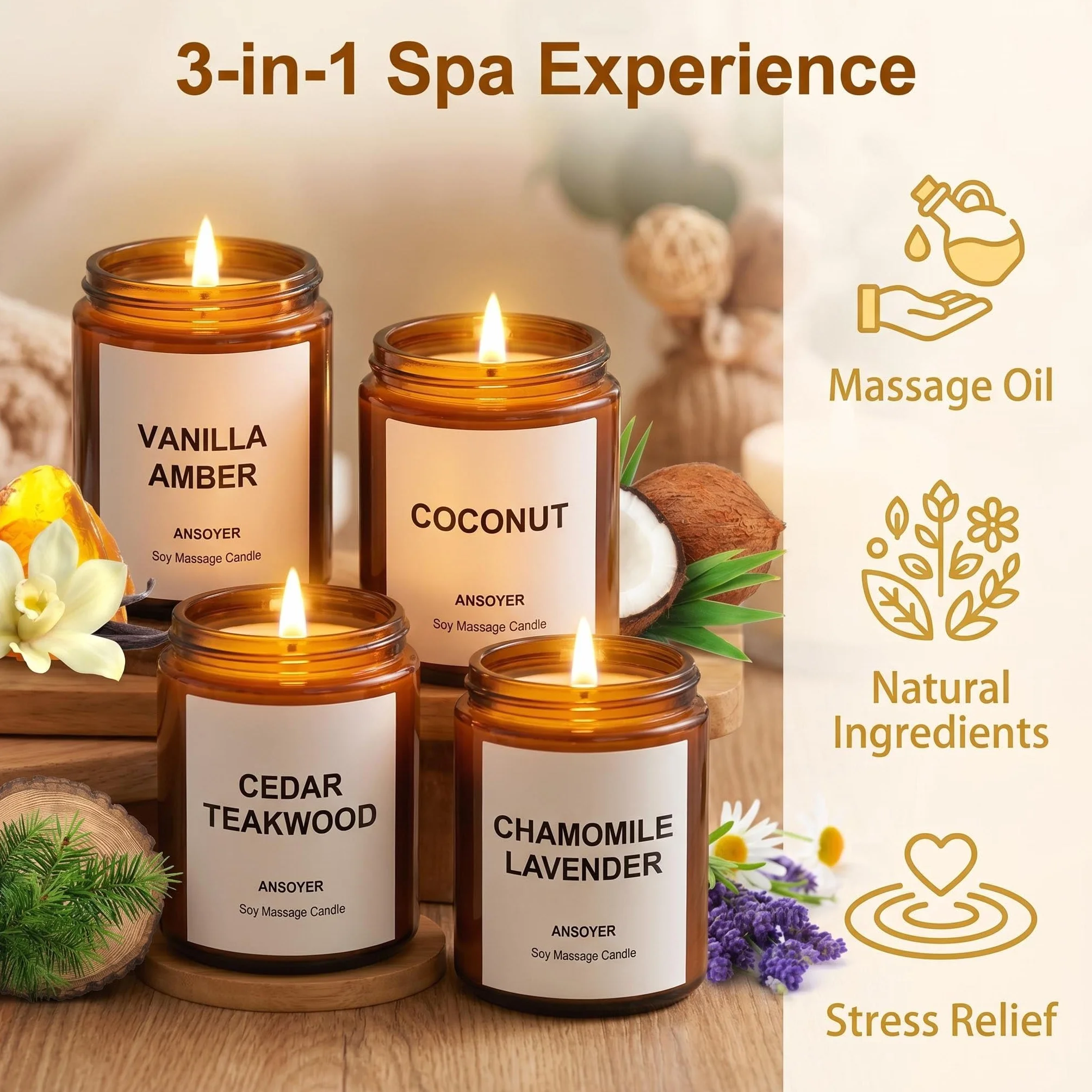 Velas de Masaje 4 Pack 512g Caja Regalo Ámbar Vainilla Coco Madera de Cedro Manzanilla Lavanda