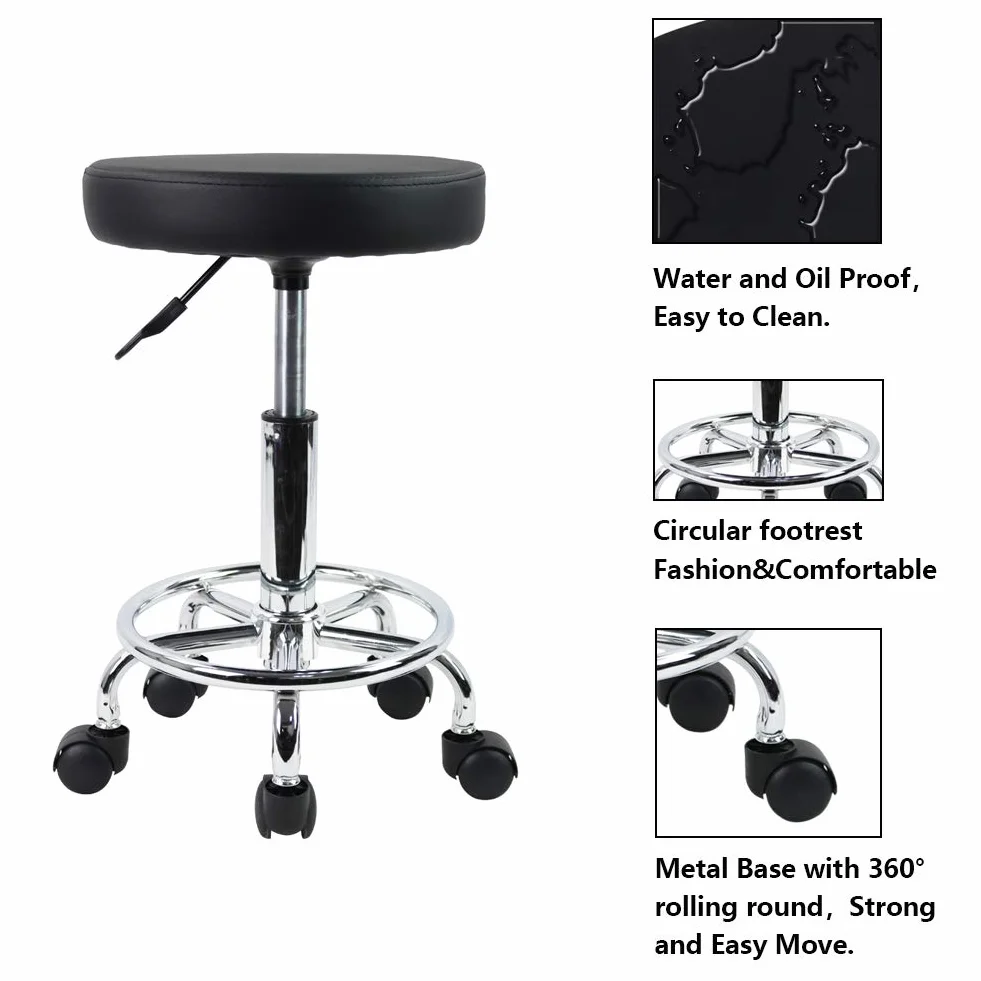 KKTONER Taburete Redondo de Cuero PU Giratorio Ajuste de Altura SPA Salón Silla de Trabajo (Black)