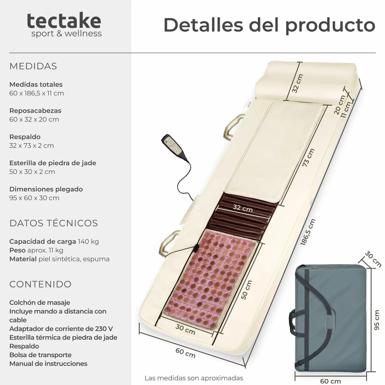 tectake® Colchoneta Masajeador Espalda con Alfombrilla de Calor de Jade, 10 Cabezales de Masaje Plegable con Bolsa de Transporte para Masajeador Espalda y Cuerpo - 186,5 x 60 x 11 cm