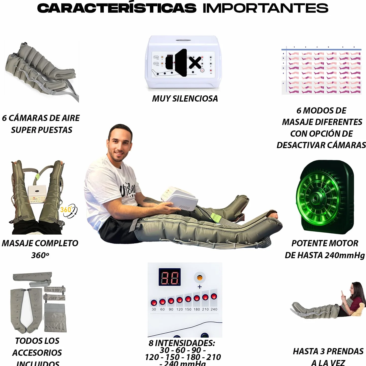Presoterapia masaje 6 Cámaras - Masajeador Piernas, Brazo y Faja Abdominal, 6 Programas, 8 niveles de Intensidad Ajustable 30-240 mmHg