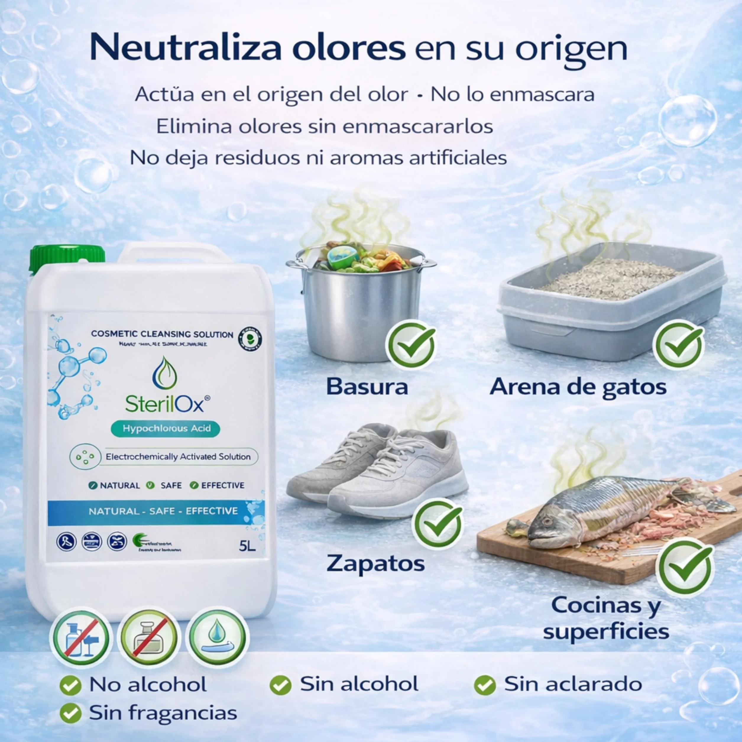5L Solución Cosmética de Limpieza Higiénica para Piel y Superficies – Ácido Hipocloroso (HOCl), Sin Alcohol, Sin Perfume, Sin Aclarado, Uso Profesional y Doméstico