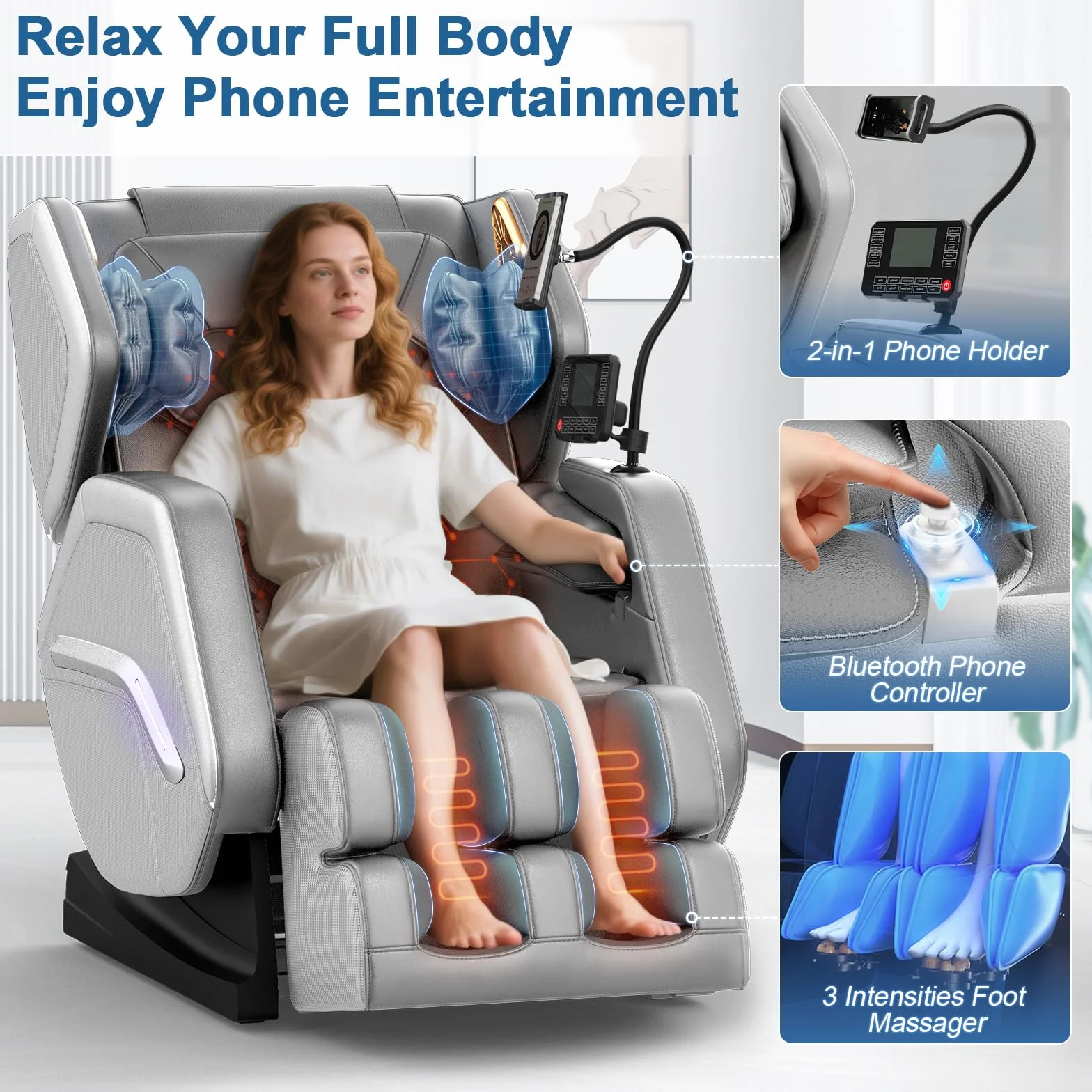 Sillón de Masaje Reclinable Cuerpo Completo 14 Rodillos 8 Bolsas de Aire Calefacción Masaje de Pies Bluetooth Control Remoto