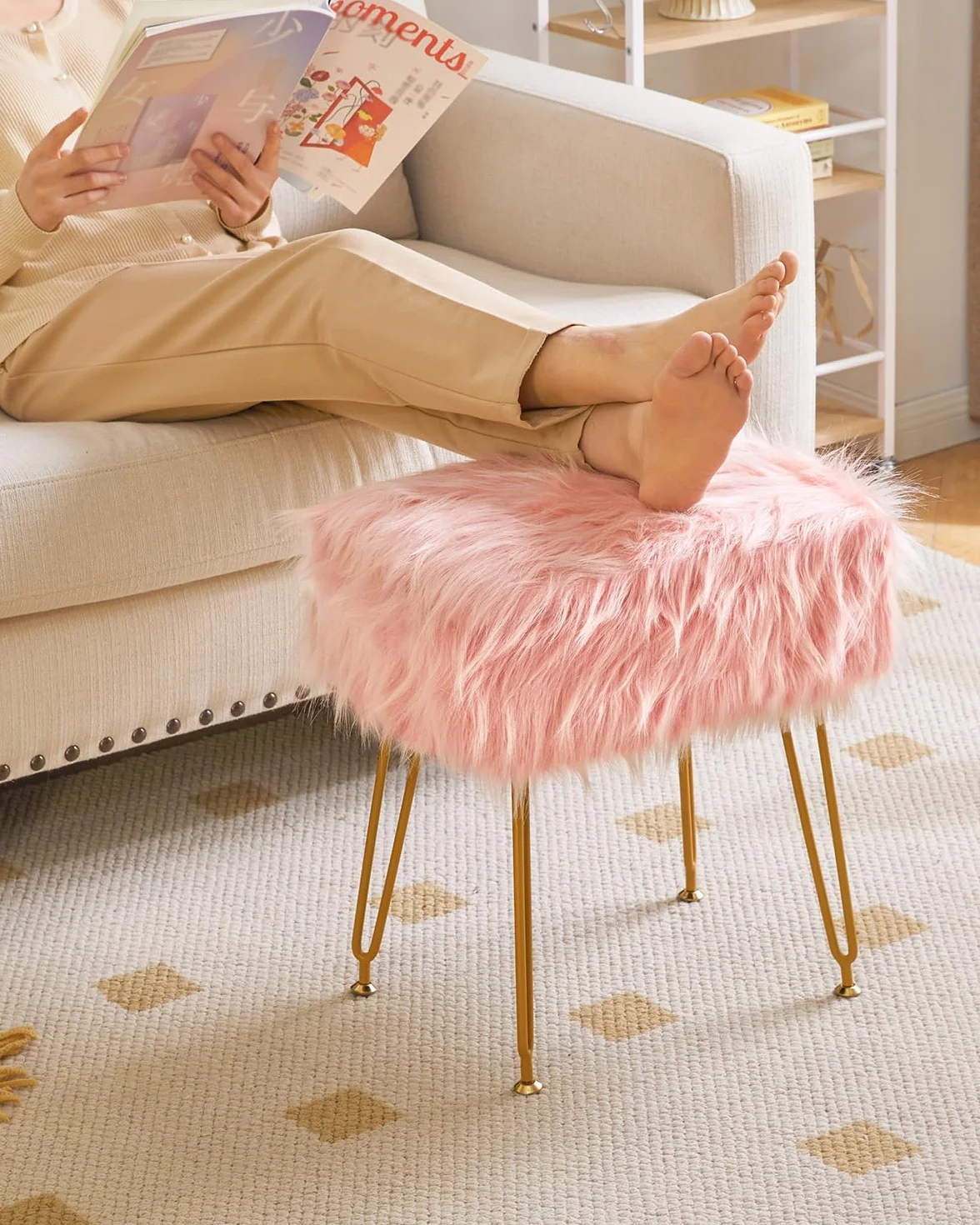 IBUYKE Rectangular Faux Fur Vanity Stool with Storage, Makeup Chair Ottoman, Soft Padded Seat, Round Footrest, Metal Legs, Pink