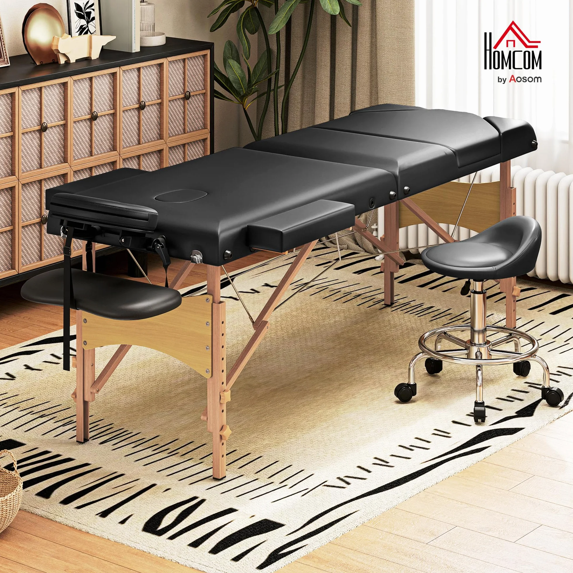 HOMCOM Camilla Masaje Plegable Portátil 3 Zonas Madera Altura Ajustable Reposacabezas Reposabrazos Acolchados SPA Tatuajes 215x60x62-89 cm Negro