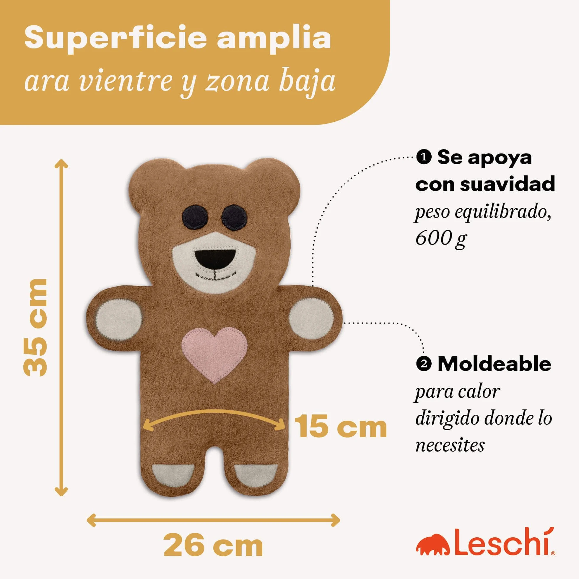 LESCHI Bolsa Semillas Microondas 100% Algodón Trigo Orgánicos, Saco Térmico con Funda Lavable para Dolores Menstruales, Cólicos Abdominales, Oso Teddy Marrón