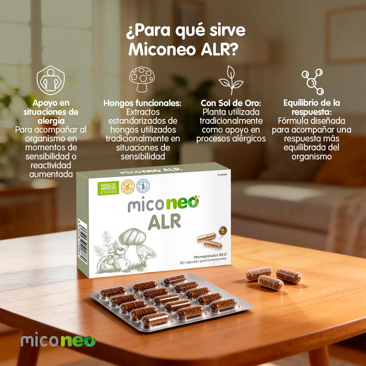 MICO NEO | ALR | 60 Cápsulas | Ayuda contra los Síntomas de Alergias Estacionales | Reduce la Tos | A Base de Sol de Oro, Reishi, Champiñón del Sol, Melena de León y Camu Camu