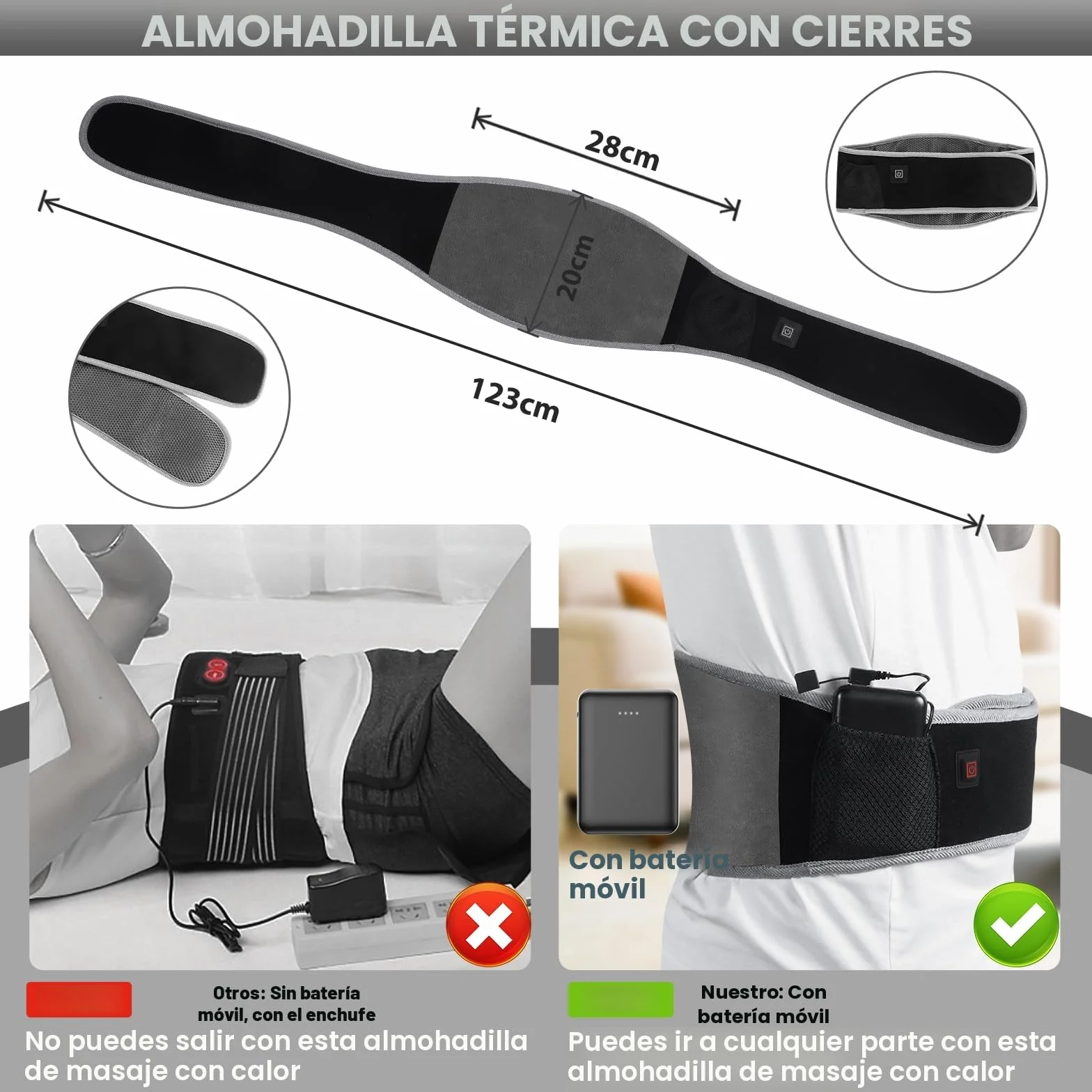 Manta Electrica Lumbar, Almohadilla Eléctrica con Batería de 5000mAh & 3 Niveles de Temperatura, Esterilla Eérmica Electrica con Apagado Automático para Espalda, Cuello, Hombros y Vientre