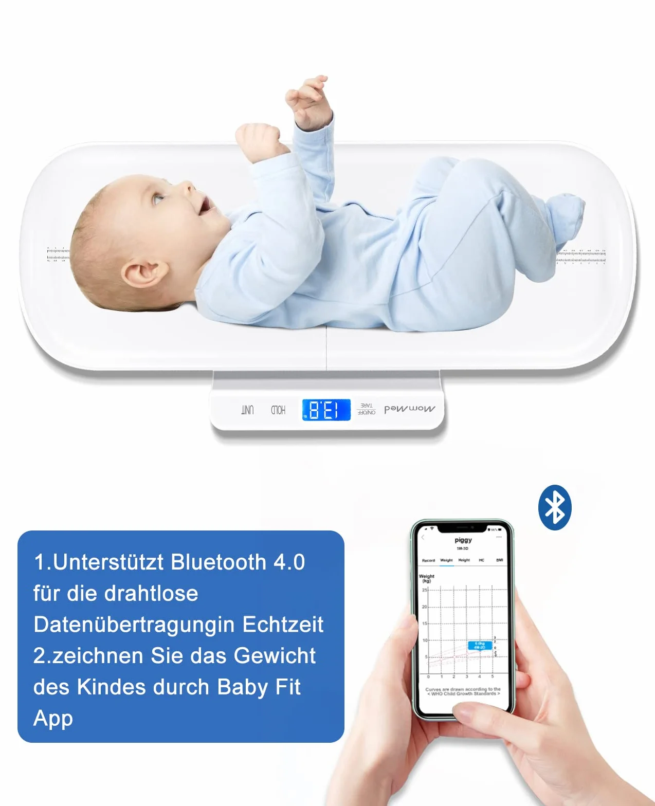 Báscula digital para bebé Bluetooth con aplicación Baby Fit, peso en libras y onzas, multifunción para mascotas y niños
