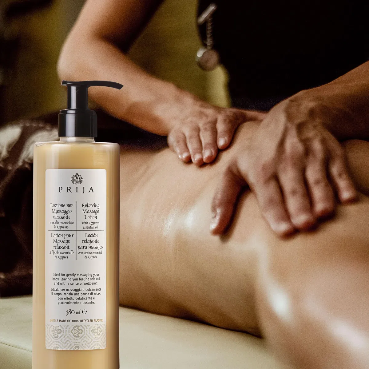 Prija - Loción de Masaje Producción Italiana - Aroma de Ciprés, 380 ml x3 - Fórmula Hidratante y Calmante, Dermatológicamente Testada