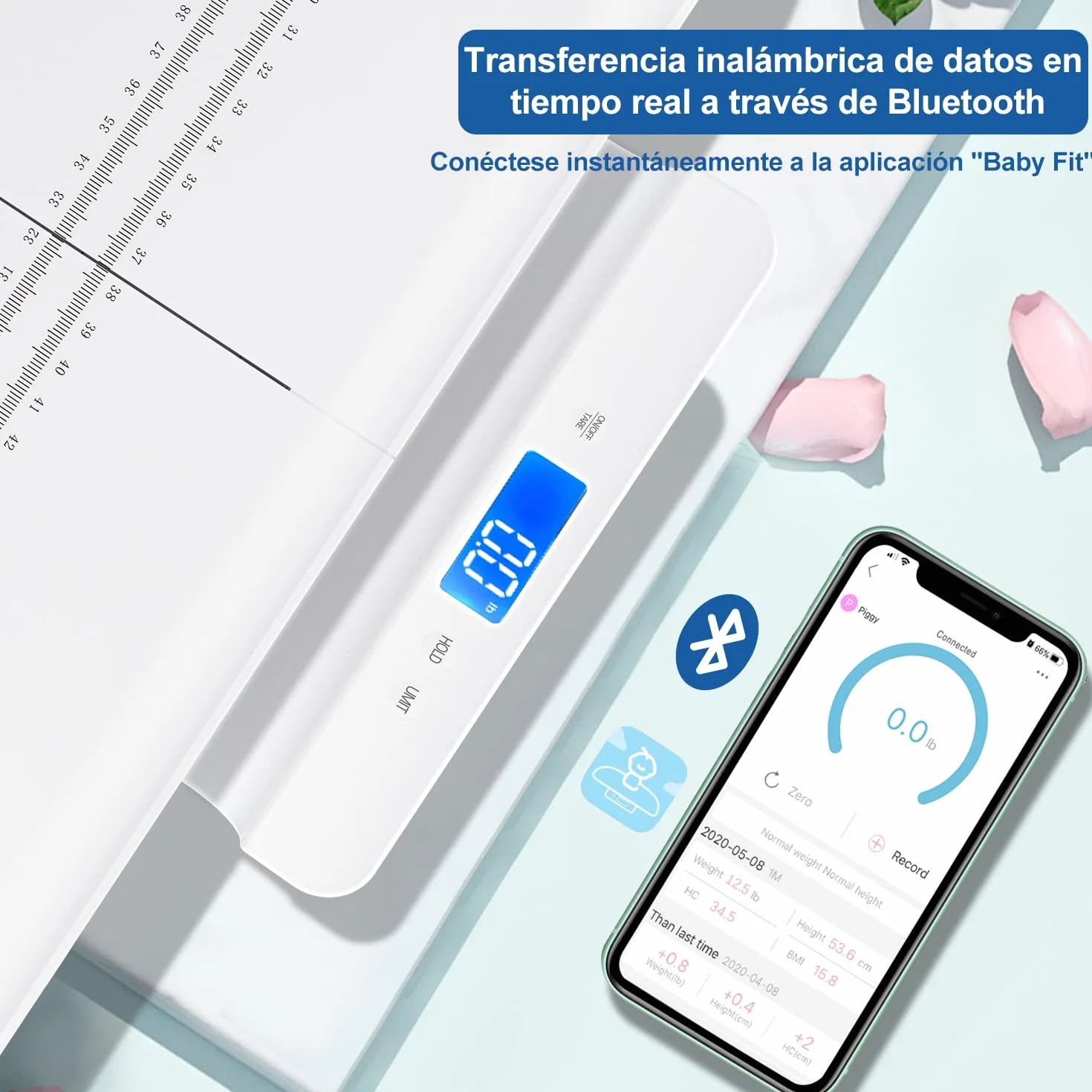 Báscula Bebé Digital Bluetooth con Bandeja Extraíble, Tara y Retención, App Gratuita, 100 kg