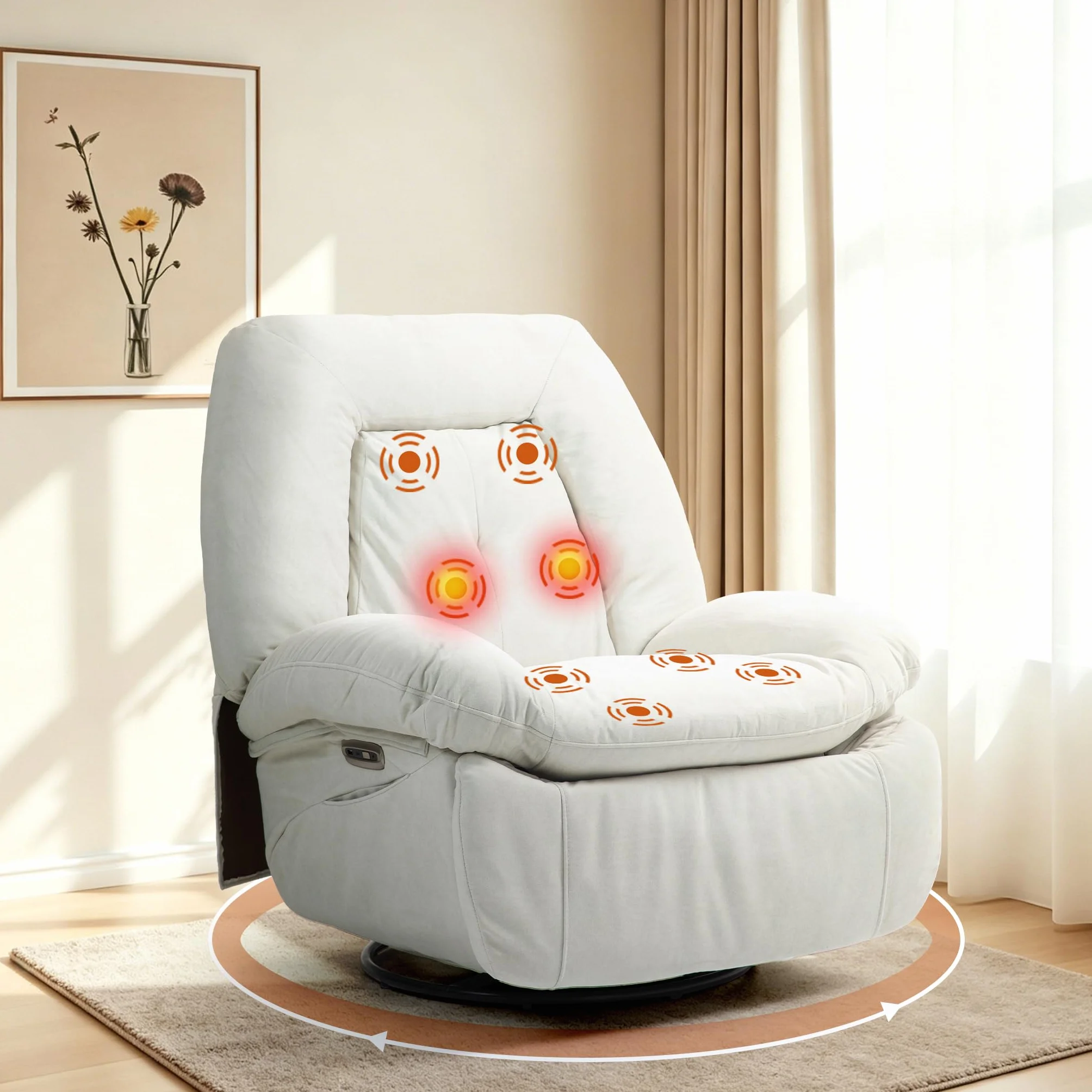 Sillón de Relax Eléctrico con Masaje, Calefacción y Vibración, Giratorio, Puertos USB-C, Reclinable para TV, Salón (Blanco)