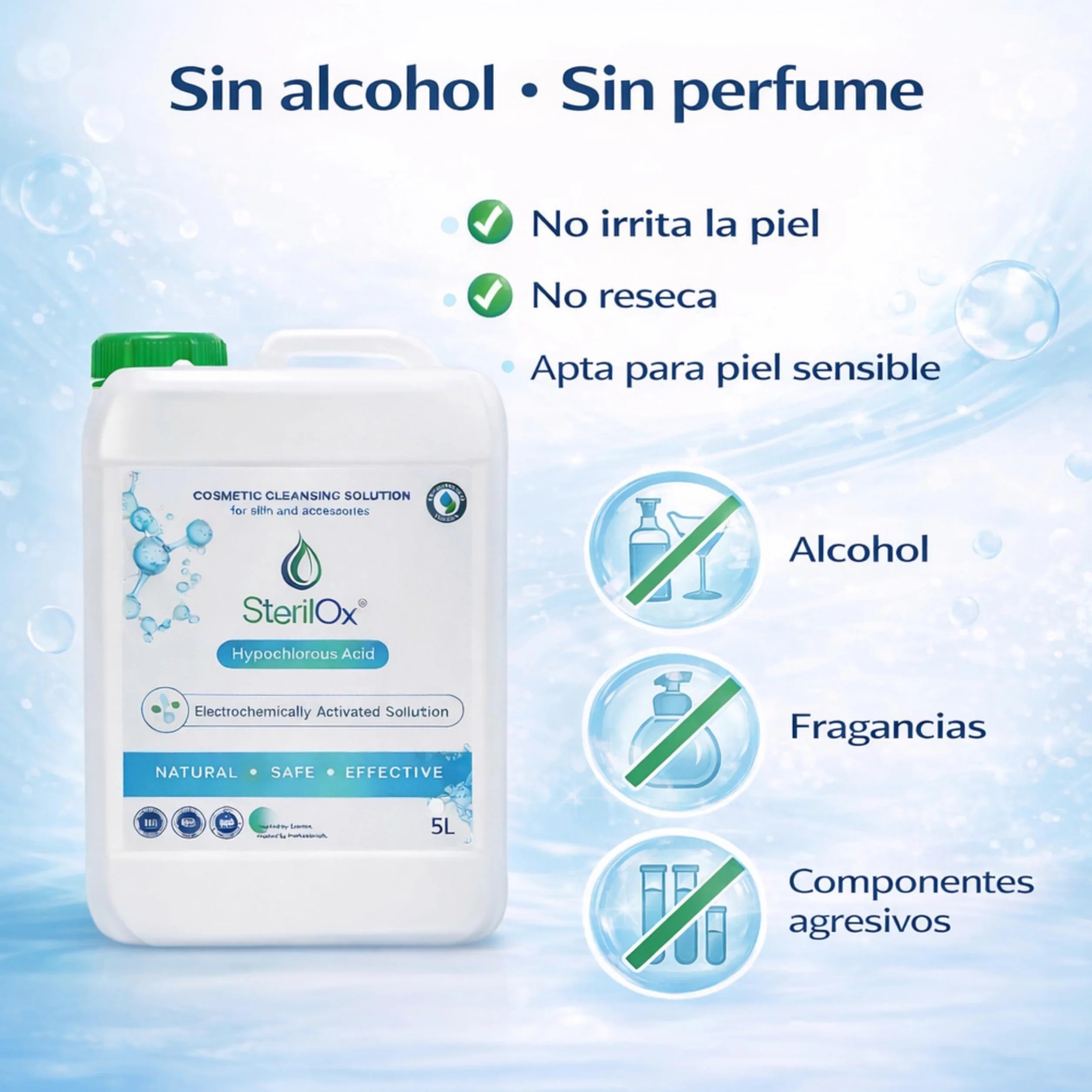 5L Solución Cosmética de Limpieza Higiénica para Piel y Superficies – Ácido Hipocloroso (HOCl), Sin Alcohol, Sin Perfume, Sin Aclarado, Uso Profesional y Doméstico