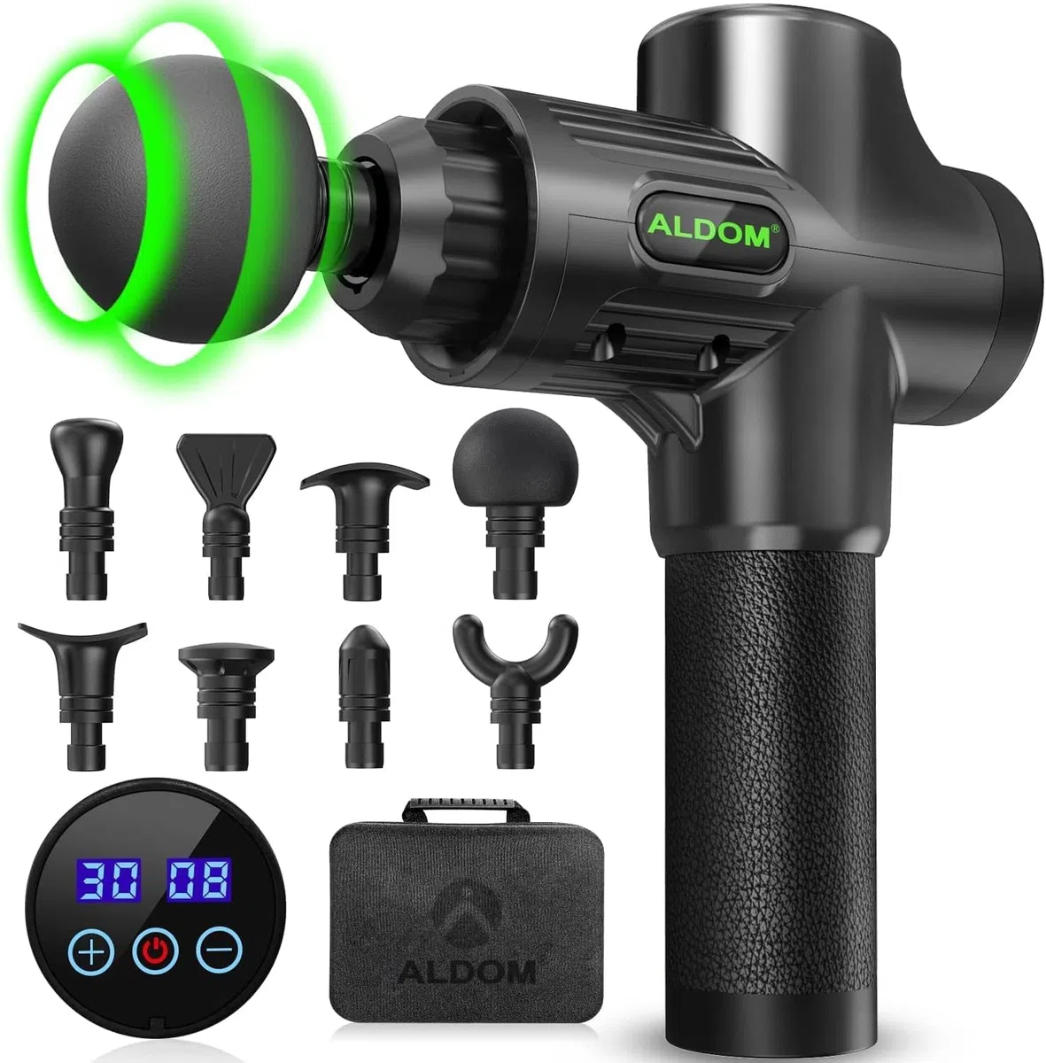 ALDOM Pistola de Masaje Muscular, Massage Gun Masajeadora Músculos Profesional y Carga Tipo C, 30 Niveles Ajustables, Silenciosos, 8 Cabezales Masajeador