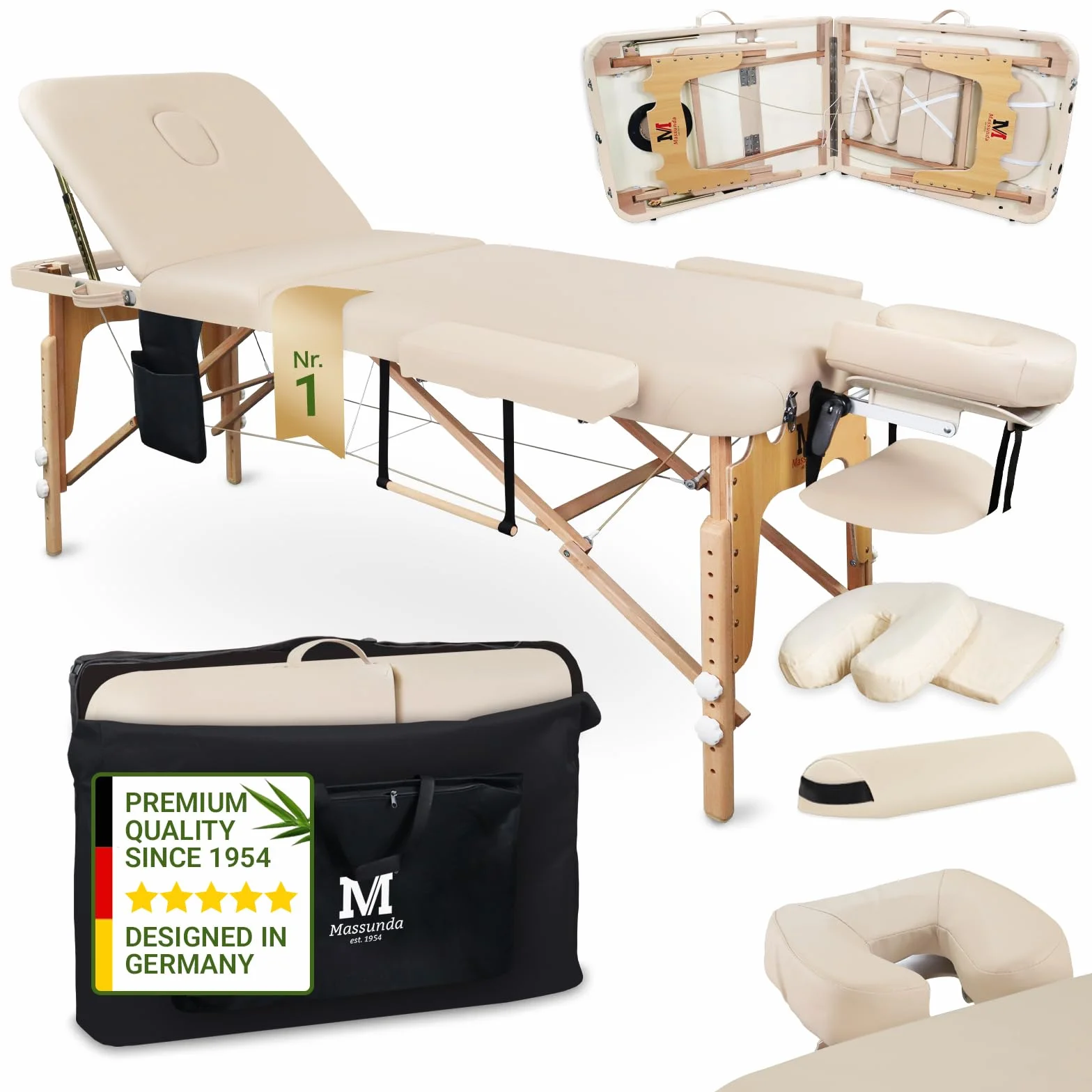 MASSUNDA Tumbona de Masaje Plegable Madera Maciza Altura Regulable Mesa Cosmética Móvil Funda Rizo Reposabrazos Respaldo Cojín Cervical