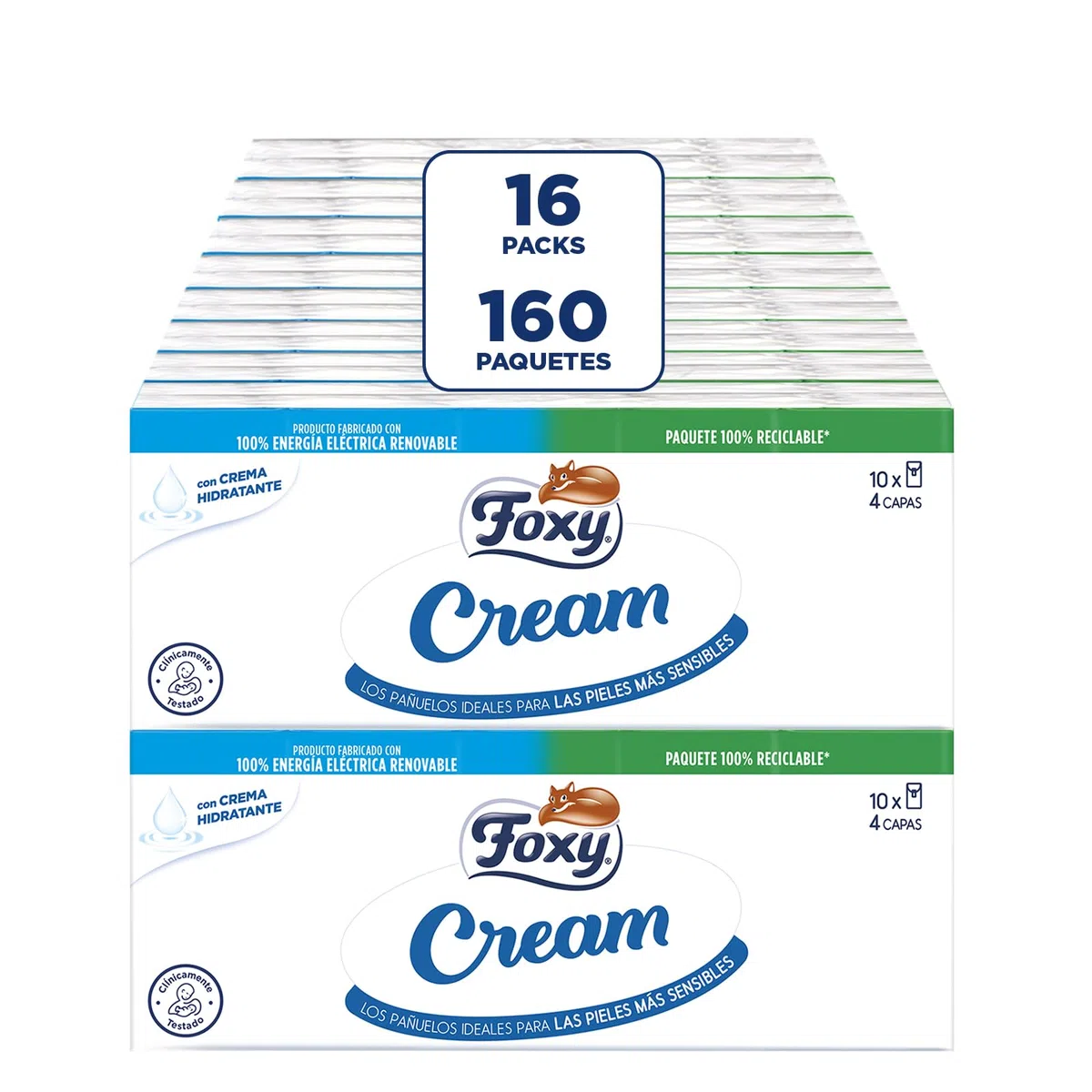 Foxy Cream Pañuelos de bolsillo 16 packs de 10 paquetes de 9 pañuelos 4 capas, Con crema hidratante, Certificación FSC, 100% Energía eléctrica renovable, Paquete 100% reciclable