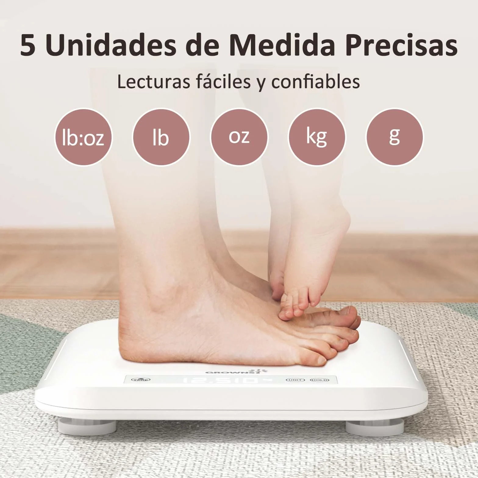 Grownsy Báscula Bebé Digital 150 kg 5 Modos de Pesaje LED Función de Retención Medición de Altura 70 cm
