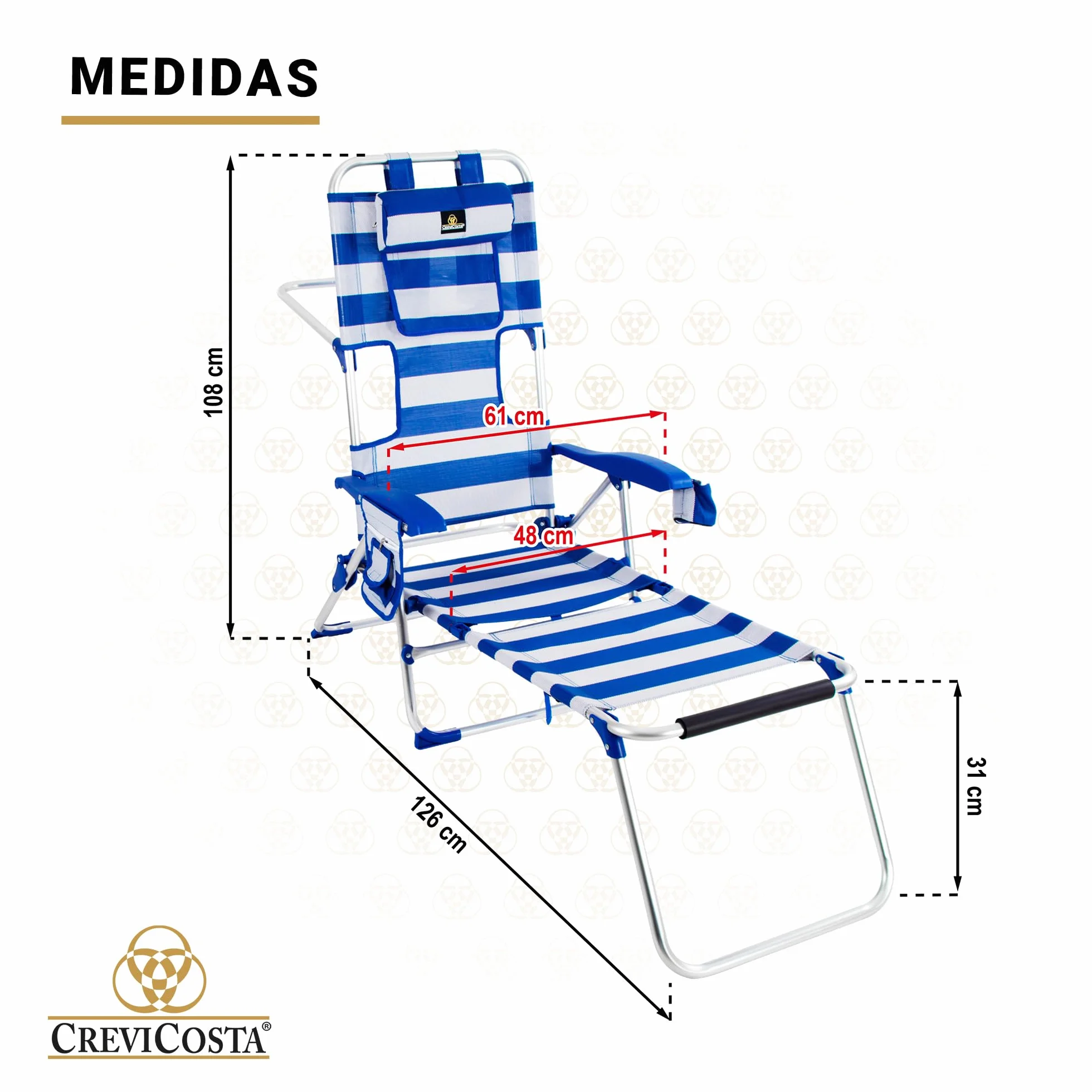 CREVICOSTA Silla de Playa Tipo Masaje 9 Posiciones Plegable Abatible con Reposabrazos