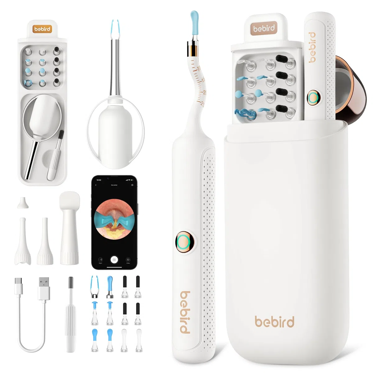 BEBIRD Otoscopio Orecchio, 1080P HD 3,5mm Camera Orecchio, Otoscopio Endoscopio Fotocamera 4,5mm WIFI con 6 LED regolabili per Tablet Android iOS - Bianco