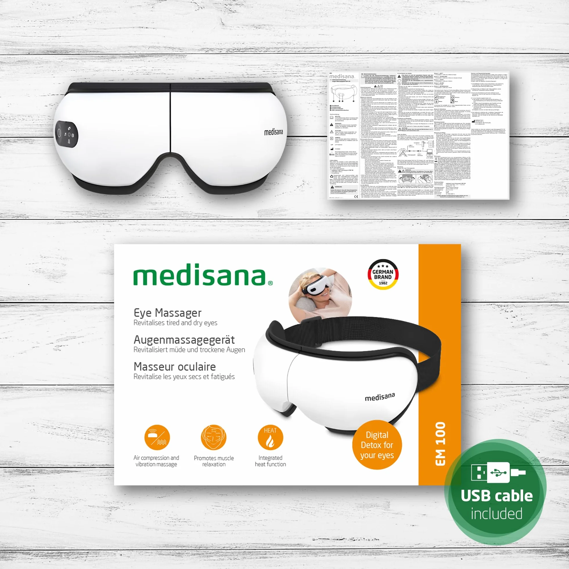 medisana EM 100 masajeador de ojos, masajeador facial electrico para dolores de cabeza, fatiga ocular, hinchazón o migraña, máscara ocular con masaje, calor y música, masajeador muscular plegable