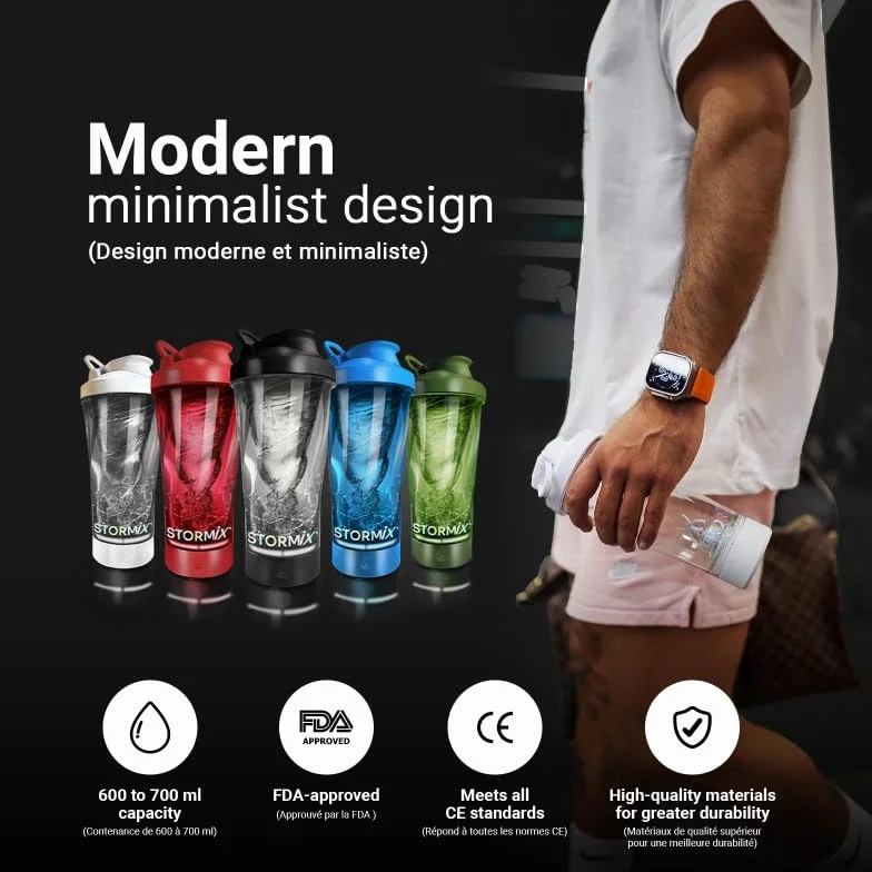 STORMIX – Mezclador de Proteinas eléctrica | Textura untuosa | Preparación homogénea para proteínas, pre workout | Capacidad 700 ml | Tritan & ABS, sin BPA | Bajo volumen sonoro | Recargable USB