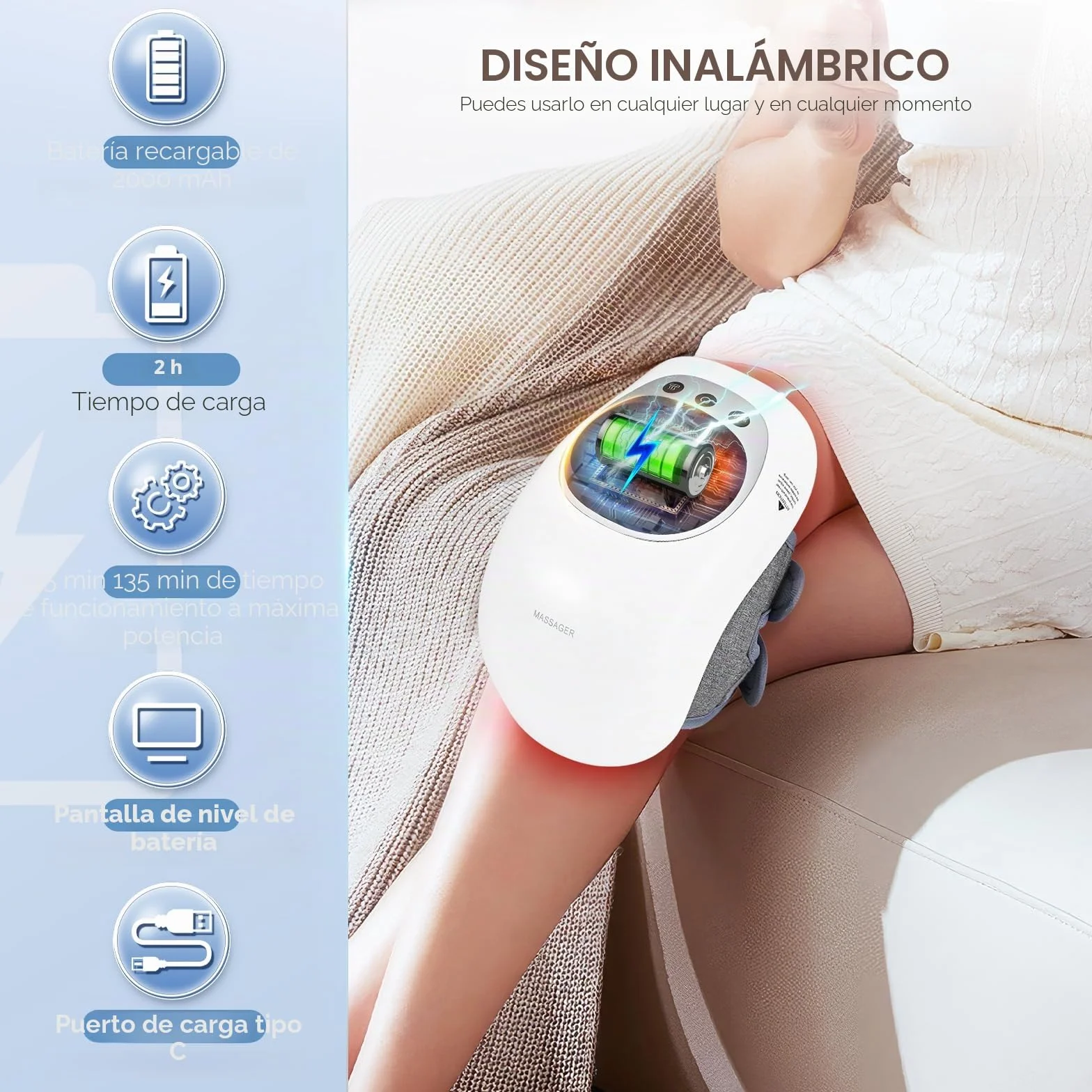 Masajeador de Rodillas Inalámbrico con Calor Rojo, Banda Ajustable 40 cm, USB Tipo-C